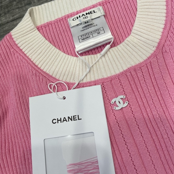 Chanel 23P Pink White CC Logo Ribbed Stretch Cotton Knit T-Shirt Top Shirt 36 - Picture 9 of 15